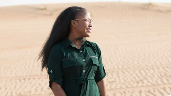 Joan Mwende in the desert